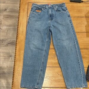 Empyre Classic Blue Denim Spray-paint can design Skate Jeans, size 30